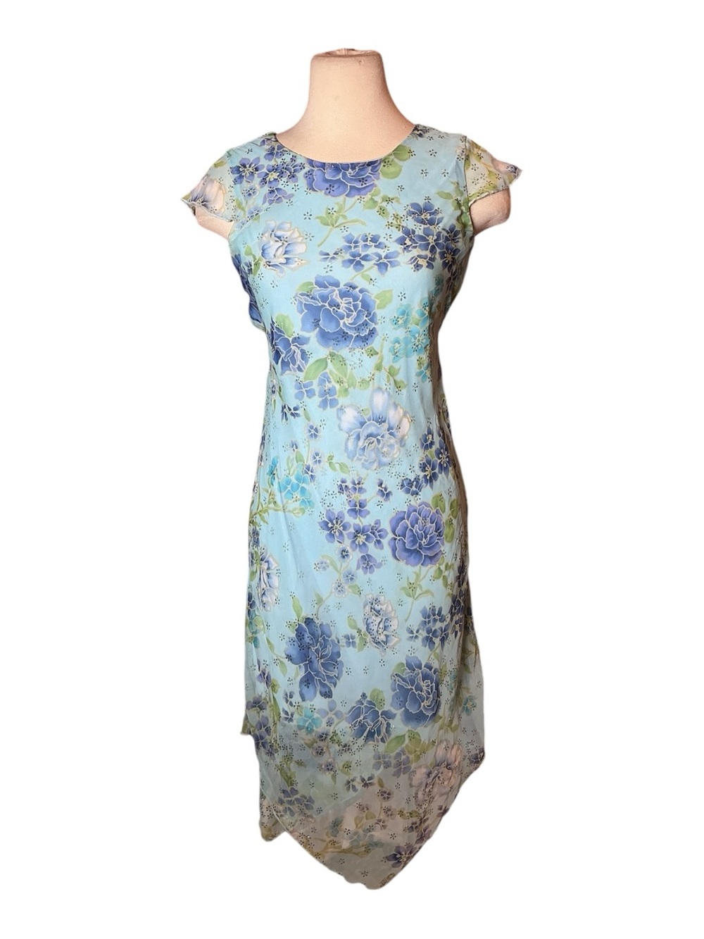 Vintage Y2K IZ Byer Floral print Glittery Asymmetrical Maxi Dress